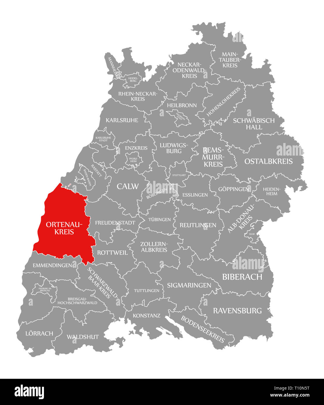 Comté d'Ortenau-Kreis en surbrillance rouge dans la carte de Baden Württemberg Allemagne Banque D'Images