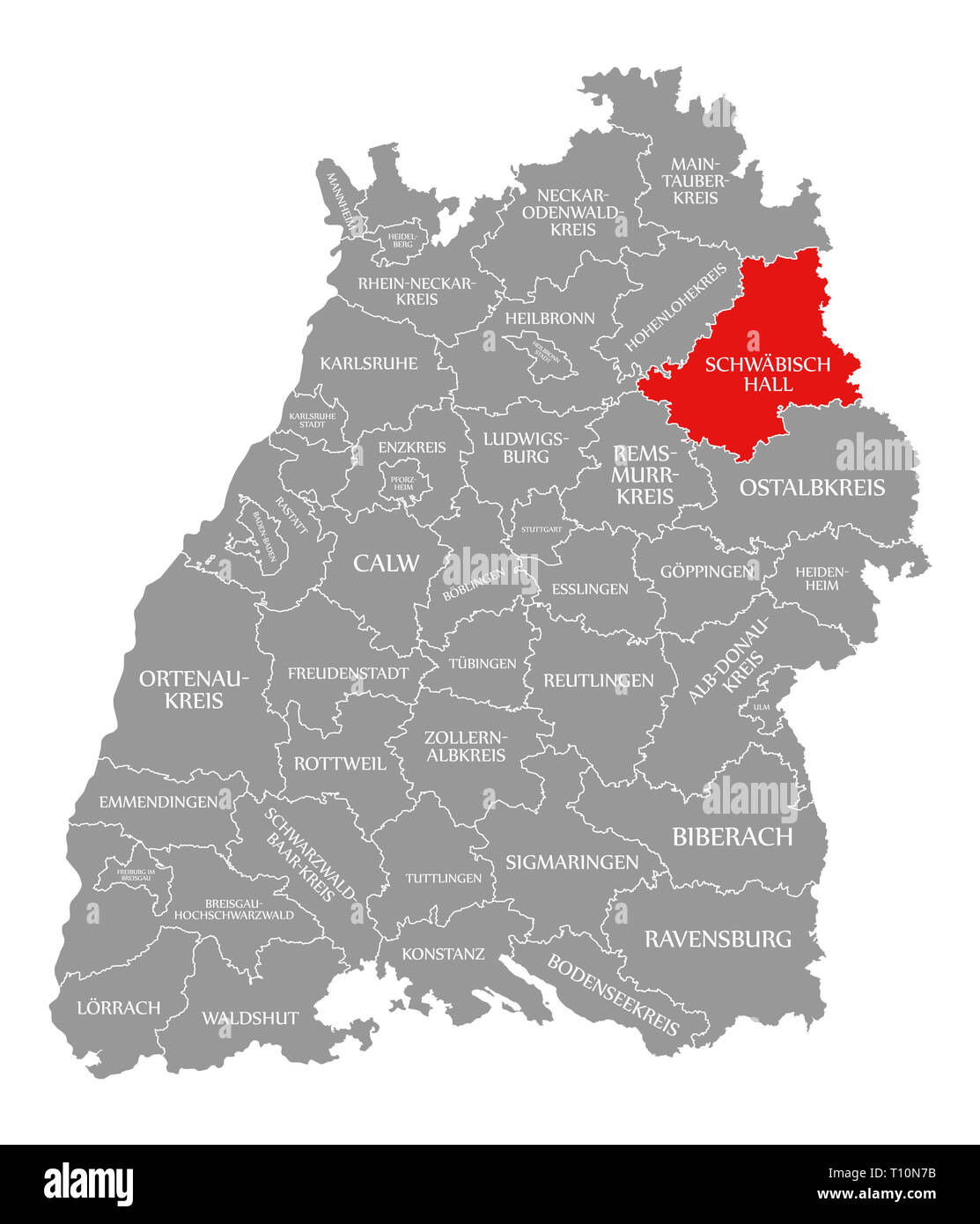 Schwaebisch Hall rouge comté mis en évidence dans la carte de Baden Württemberg Allemagne Banque D'Images
