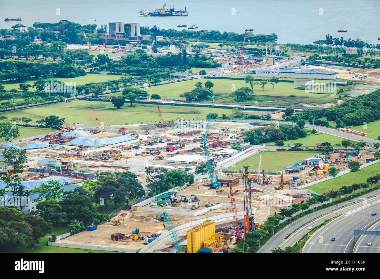 01 mai 2018 - Straits antenne vue paysage, région de planification non développées en plus de Marina Bay et centre-ville de Singapour Banque D'Images