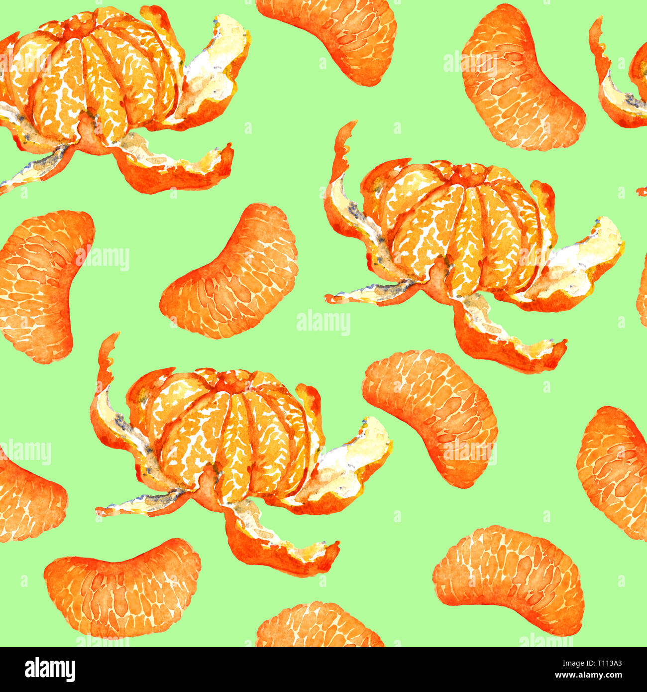 Tangerines pelées et la section coupes, seamless pattern design, illustration aquarelle peinte à la main, fond vert doux Banque D'Images