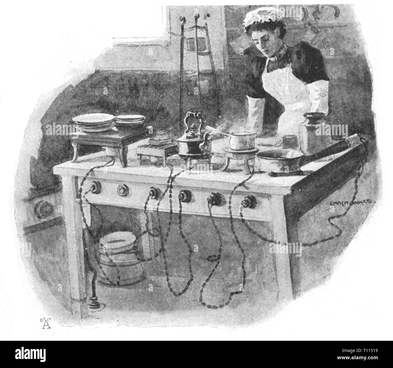 Ménage, cuisine et ustensiles de cuisine, cuisinière électrique, dessin, de : 'Das neue Universum", volume 19, Munich, 1898, copyright de l'artiste n'a pas à être effacée Banque D'Images