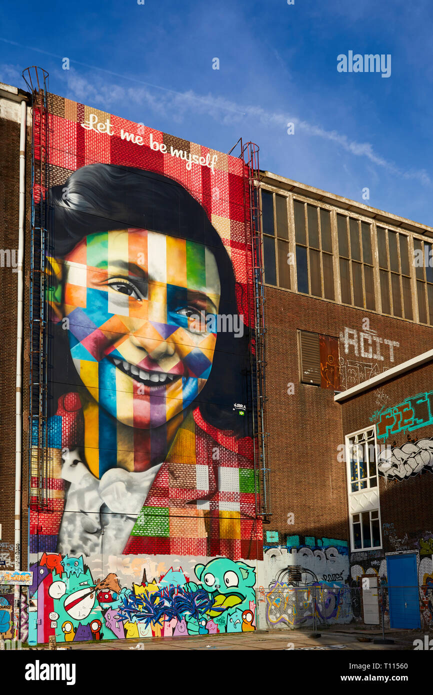 Fresque de Anne Frank par Eduardo Kobra au Street Art Museum de l'NDSM à Amsterdam Noord, Pays-Bas. Banque D'Images