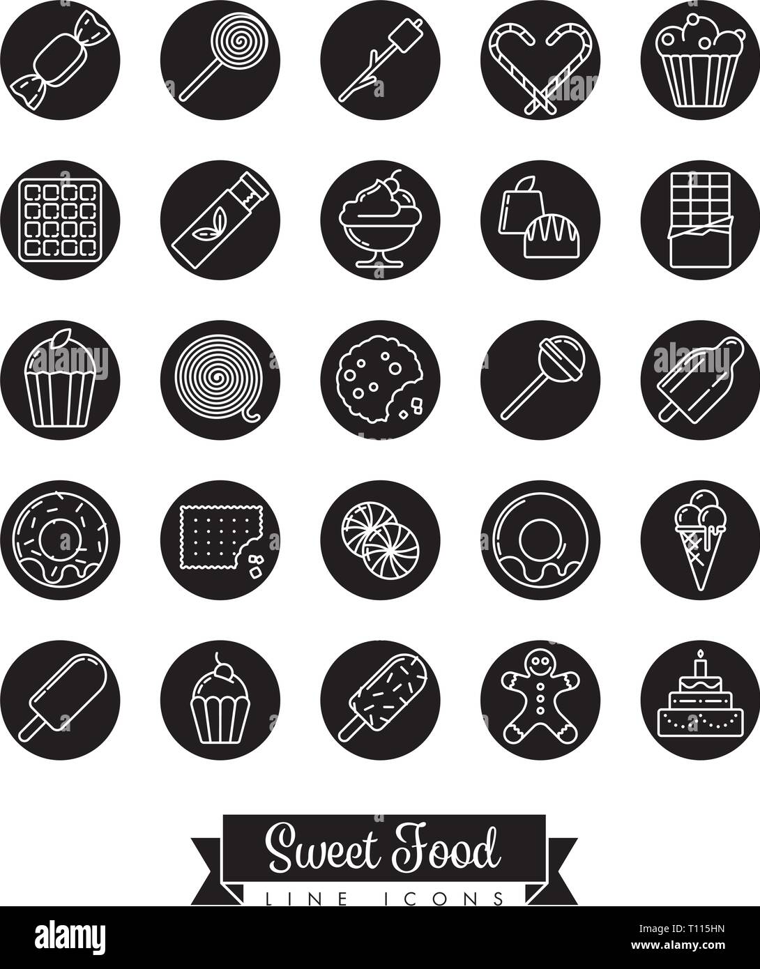 L'icône de la ligne d'aliments sucrés vector collection avec des sucreries, bonbons, chocolats et gâteaux, négatif en cercles noirs Illustration de Vecteur