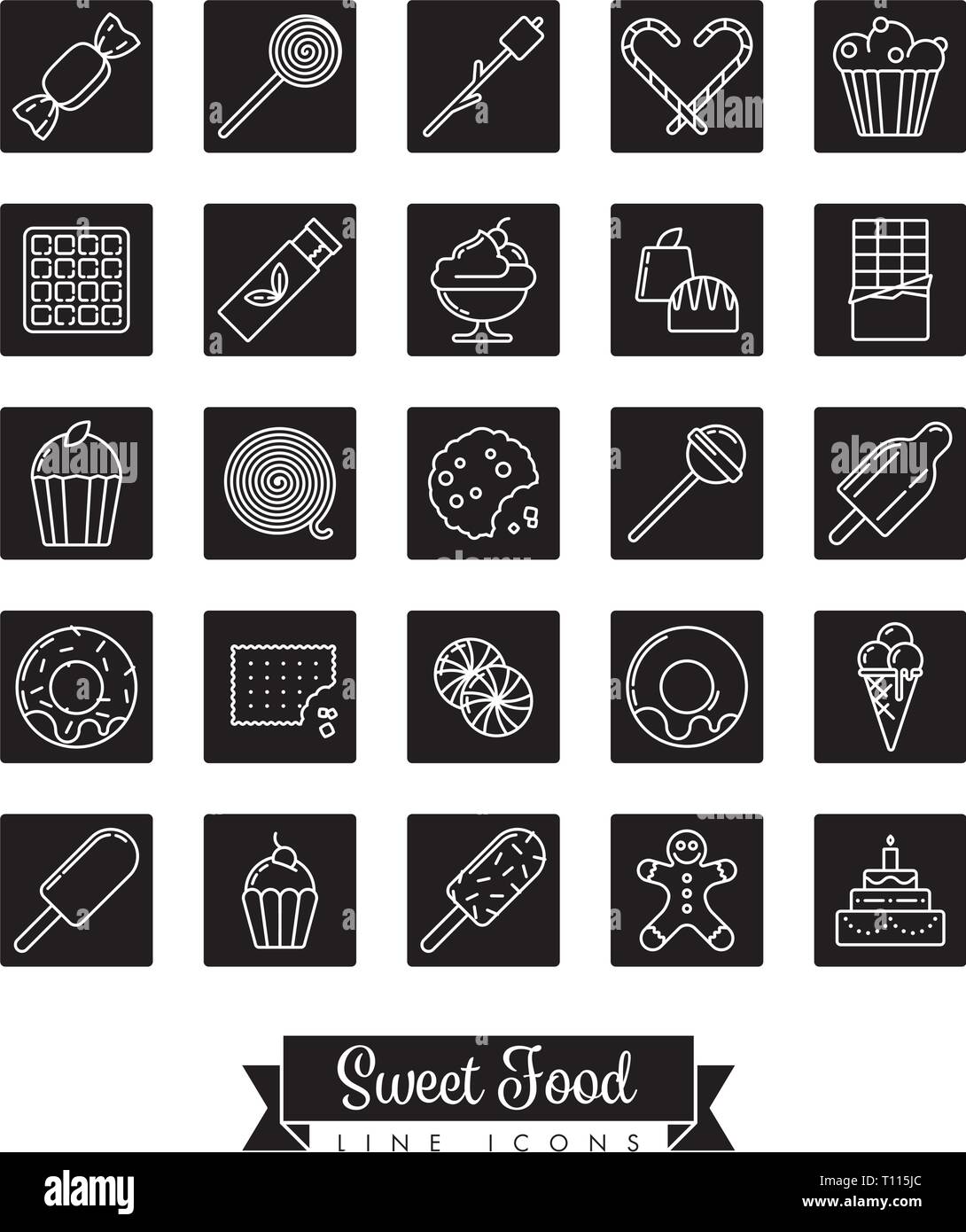 L'icône de la ligne d'aliments sucrés vector collection avec des bonbons, des bonbons, des chocolats et des gâteaux dans des carrés noirs Illustration de Vecteur