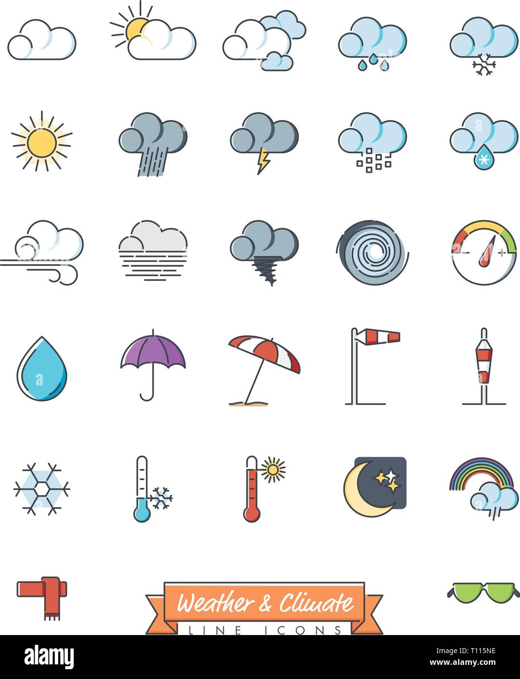 Météo, Climat et météorologie symboles connexes, collection d'icônes de lignes vectorielles avec couleur de remplissage. Illustration de Vecteur