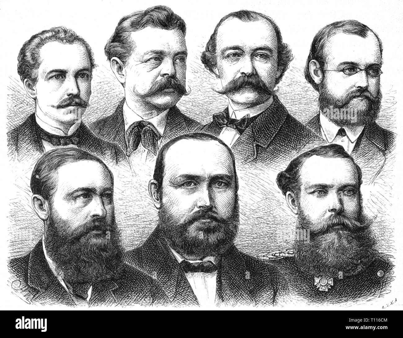 La politique, le parlement, l'Allemagne, le Reichstag, représentant, l'avant gauche de grade : Otto zu Stolberg-Wernigerode (Empire allemand), Leopold von Hoverbeck (Parti du progrès), Hans Heinrich XI de Hochberg, prince de Pless, l'arrière gauche du rang : Eduard Georg von Bethusy-Huc (Empire allemand), Victor I duc de Ratibor (Empire allemand), Hugo zu Hohenlohe Oehringen, duc d'Ujest (Empire allemand), Franz Août Schenk von Stauffenberg (Parti national libéral), gravure sur bois par Adolf Neumann, vers 1873, l'artiste n'a pas d'auteur pour être effacé Banque D'Images