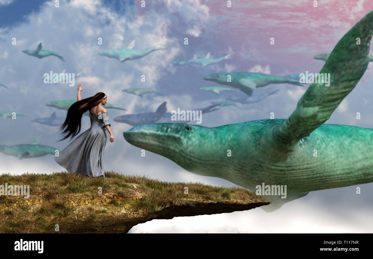 Un groupe de baleines sky fly par ciel dégagé sur une distance monde dans cette scène de science-fiction. Une femme dans une robe vagues que les animaux passent. Banque D'Images