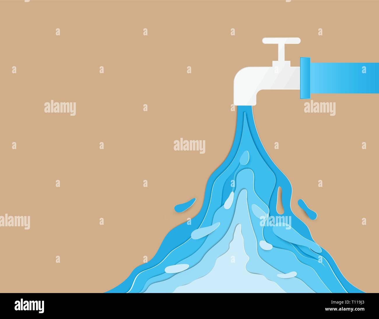 Réduction de la consommation de l'eau gaspillage concept. Le robinet d'eau  est laissé ouvert. Et il y a beaucoup d'eau s'écoule sur fond brun.  Artisanat numérique p Image Vectorielle Stock - Alamy