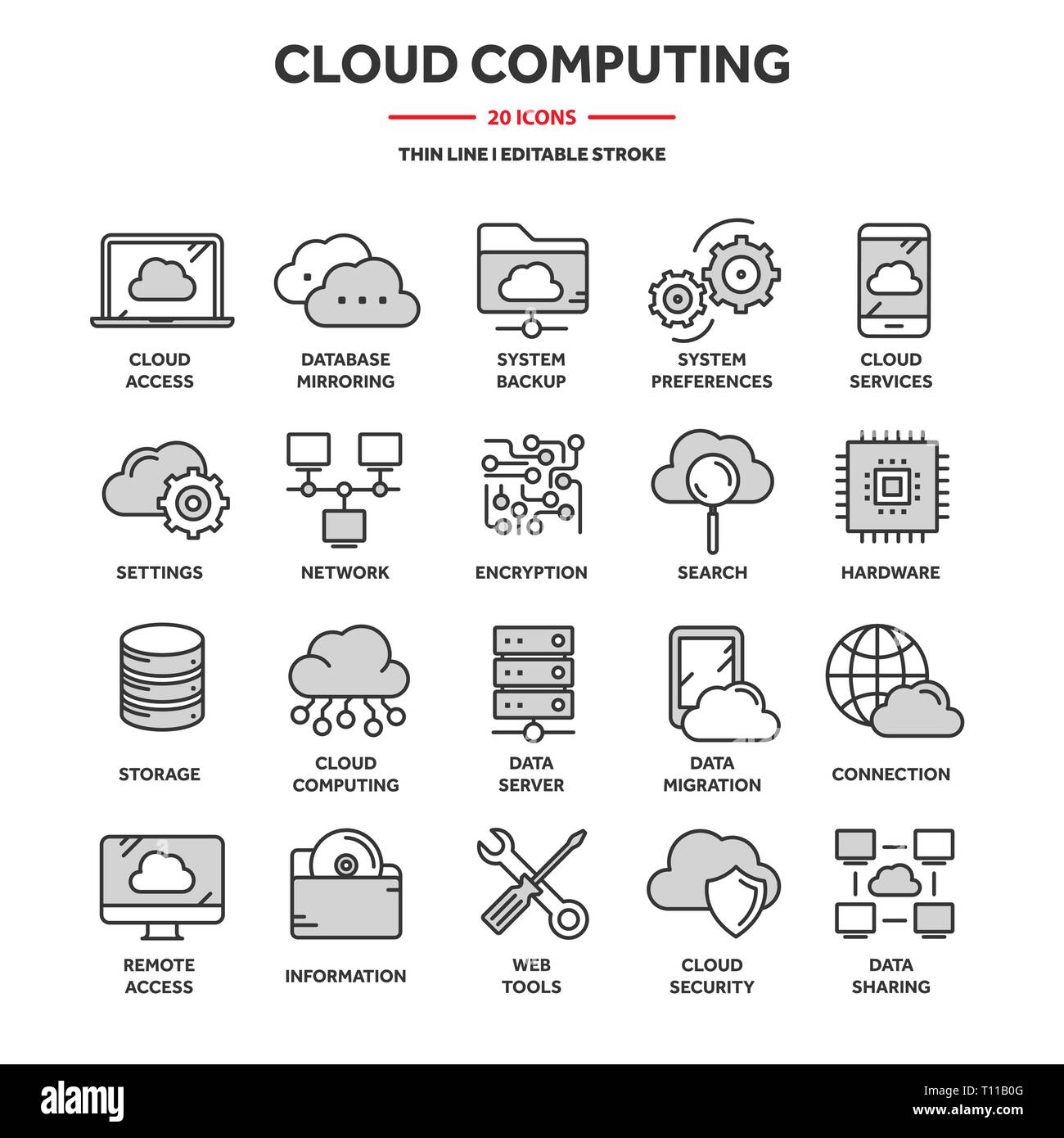 Le cloud computing. La technologie de l'Internet. Des services en ligne. Des données, la sécurité de l'information. Connexion. Fine ligne web blue icon set. Collection d'icônes Contour Illustration de Vecteur