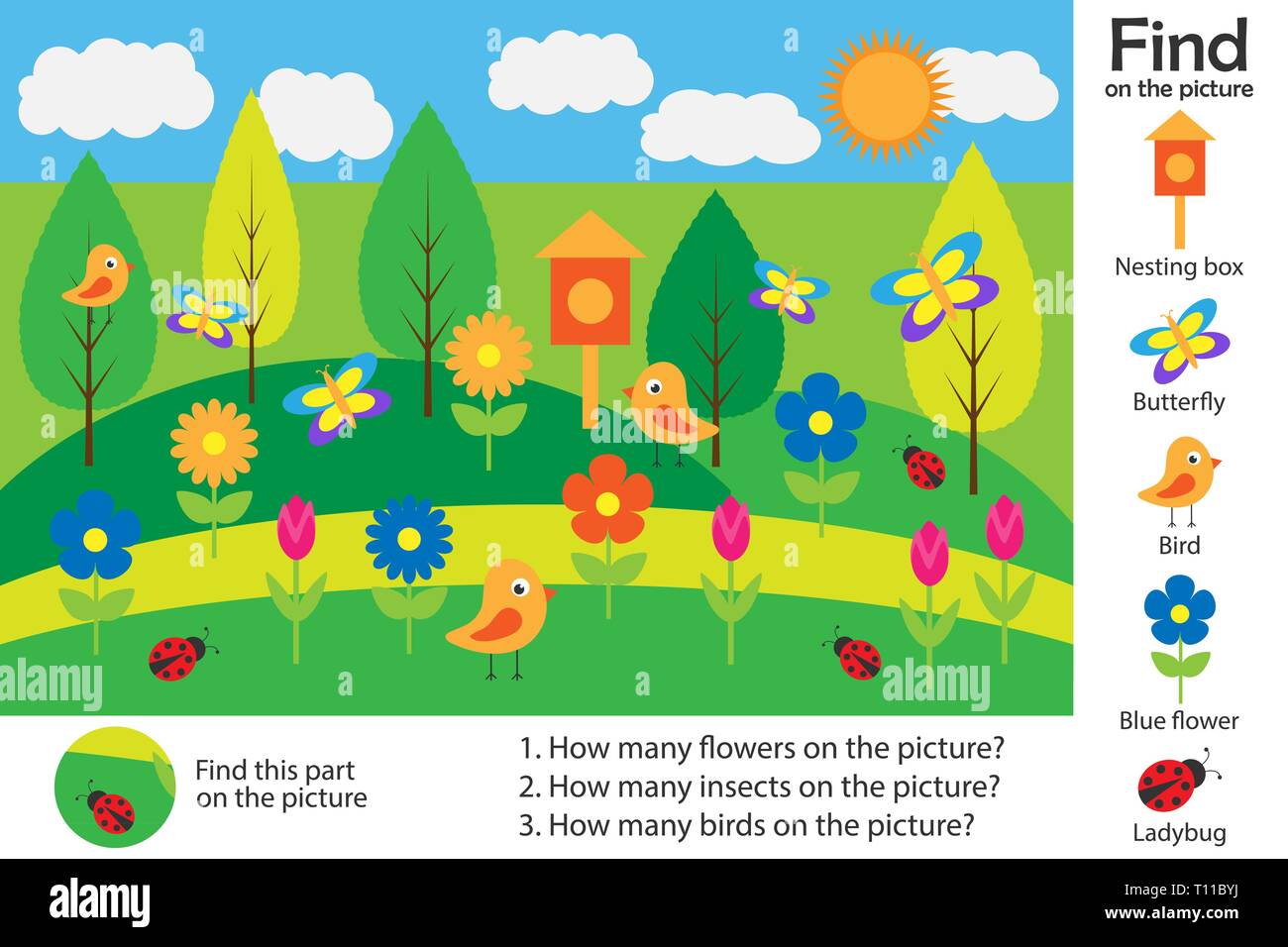 Page de l'activité printemps, photo en cartoon style, trouver des images et répondre aux questions d'éducation visuelle, jeu pour le développement des enfants, pour les enfants Illustration de Vecteur