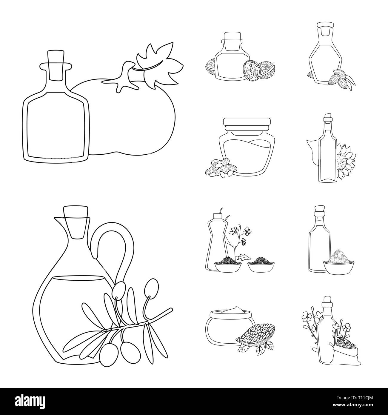 Pumpkin,noyer,,amandes,tournesol,arachide,olive,moutarde,sésame,cacao graines de lin,écrou,, beurre, fruits frais, des graines de colza,gras,noix,pressé,produits,eco,fleurs,plantes,amer,arôme,corps,,trognon,légumes,sain,nutrition,produits biologiques,verre,vase,huile,cuisine,agriculture,petit,set,icône,,illustration,collection,isolé,design,graphisme,élément signe,ligne,plan,vecteurs vecteur , Illustration de Vecteur