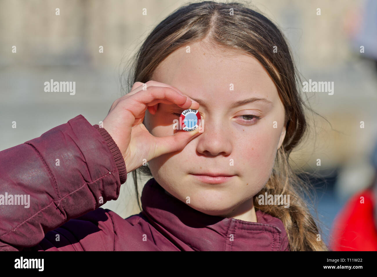STOCKHOLM, SUÈDE. 22 mars, 2019. Climat suédoise Greta activiste Thunberg démontrant à Stockholm le vendredi. Banque D'Images