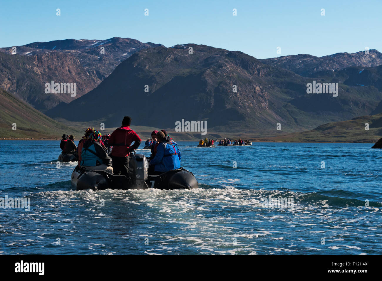 Les touristes à cheval sur zodiac en Arsuk Fjord, Groenland Banque D'Images