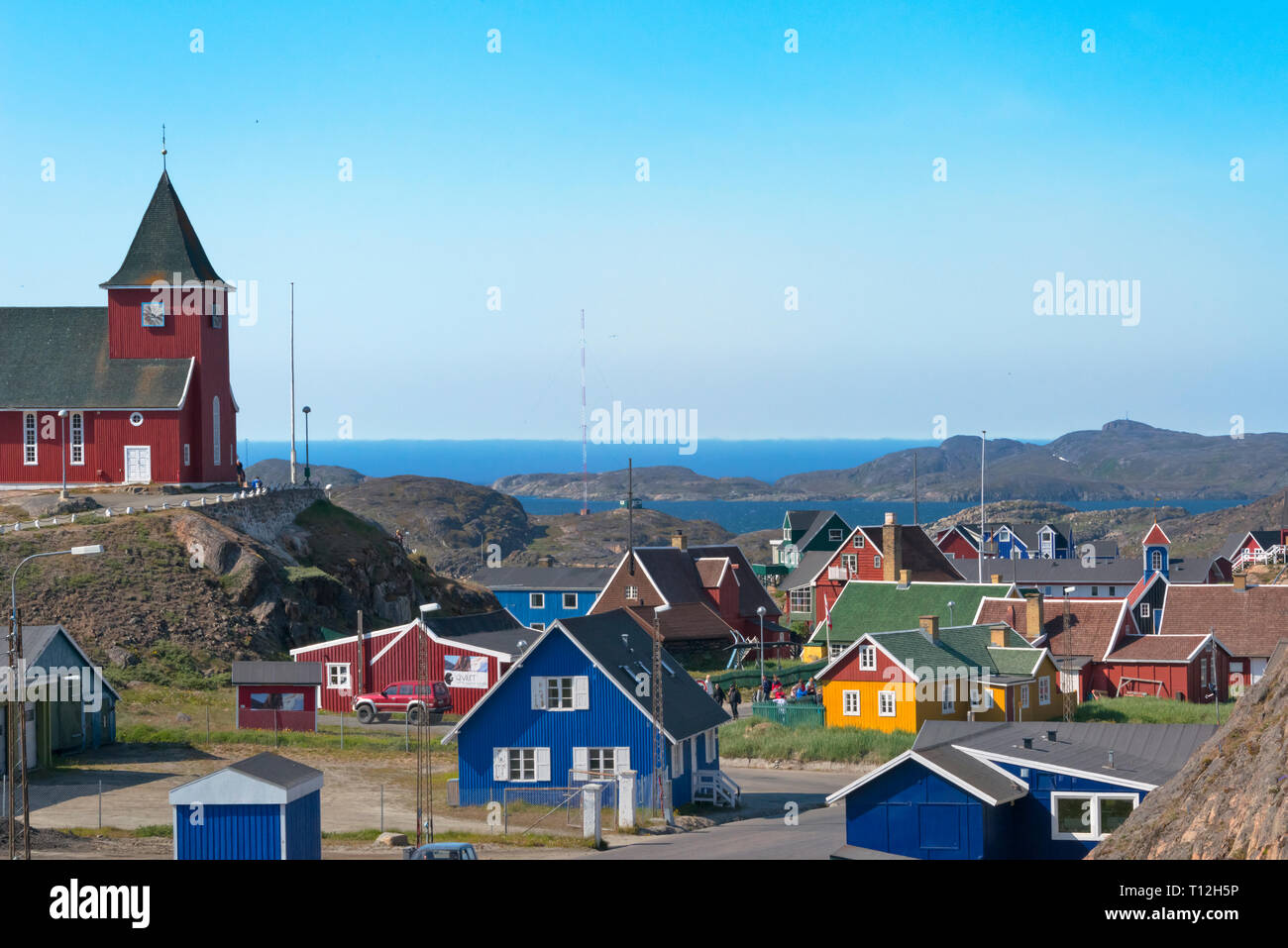 Maisons peintes de couleurs vives, Sisimiut, Groenland Banque D'Images