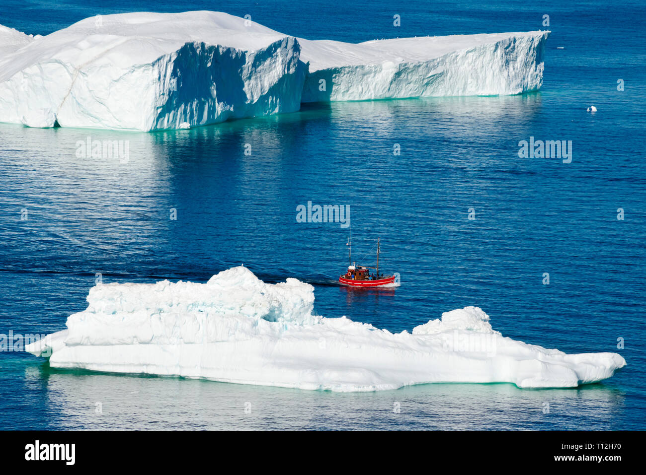 L'approche des icebergs bateau Sermermiut, Ilulissat, Groenland. Banque D'Images