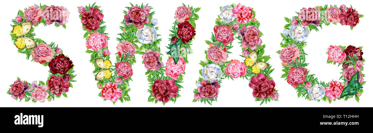 Mot de SWAG fleurs Aquarelle, dessinés à la main, isolé sur un fond blanc, mariage, design de l'alphabet Banque D'Images