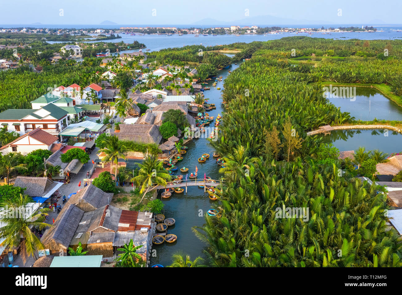 Vue aérienne, les touristes de la Chine, la Corée, l'Amérique, la Russie d'un panier à l'excursion en bateau à l'eau de coco palm mangrove ( ) de la forêt. Hoi An, Quang Nam, Vietnam Banque D'Images