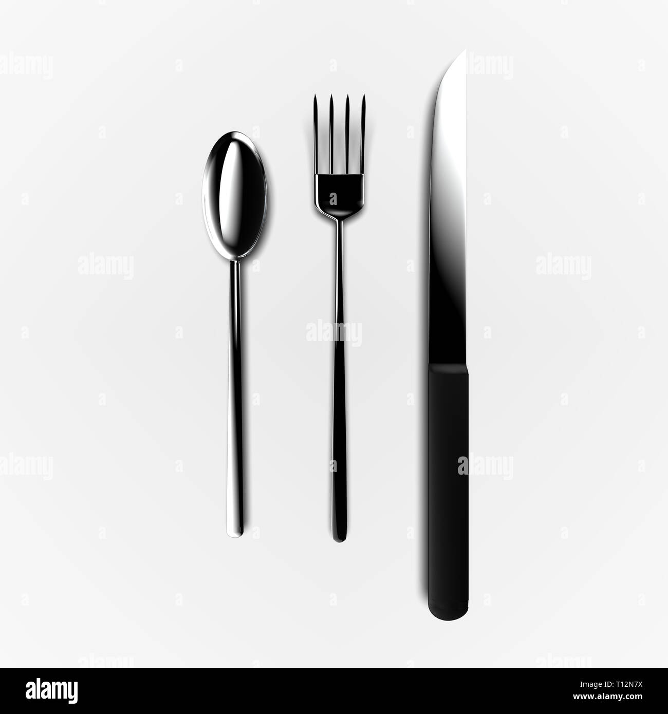 Le rendu 3D de l'ensemble de la fourchette, couteau et cuillère isolated on white Banque D'Images