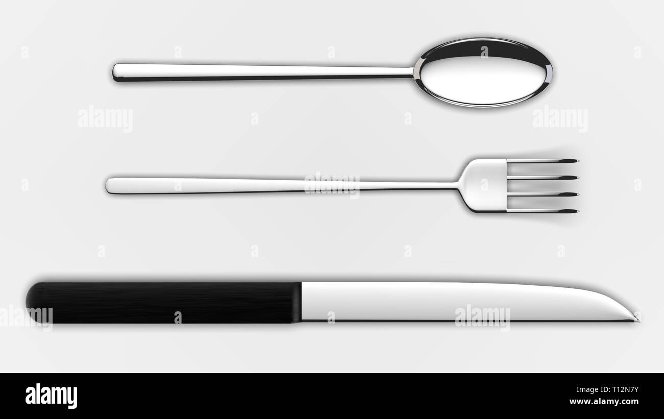 Le rendu 3D de l'ensemble de la fourchette, couteau et cuillère isolated on white Banque D'Images
