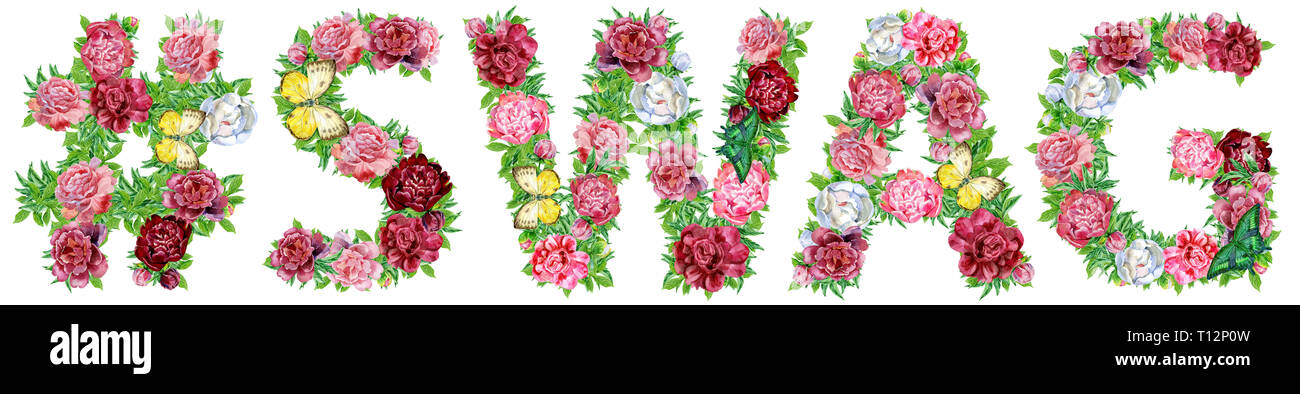 Hashtag signe avec mot SWAG de fleurs Aquarelle, dessinés à la main, isolé sur un fond blanc, mariage, l'alphabet design Banque D'Images