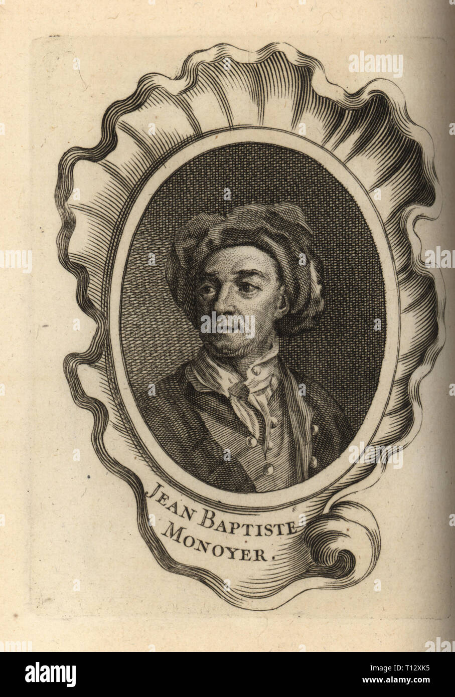 Portrait de Jean-Baptiste Monnoyer, artiste botanique franco-flamande 1636-1699. La gravure sur cuivre après un autoportrait par Jean-Baptiste Monnoyer de Antoine-Joseph Dezallier d'Argenvilleâ€™Abrege de la vie des plus fameux peintres, vit des artistes les plus célèbres, de Bure de lâ€™Aine, Paris, 1762. Banque D'Images