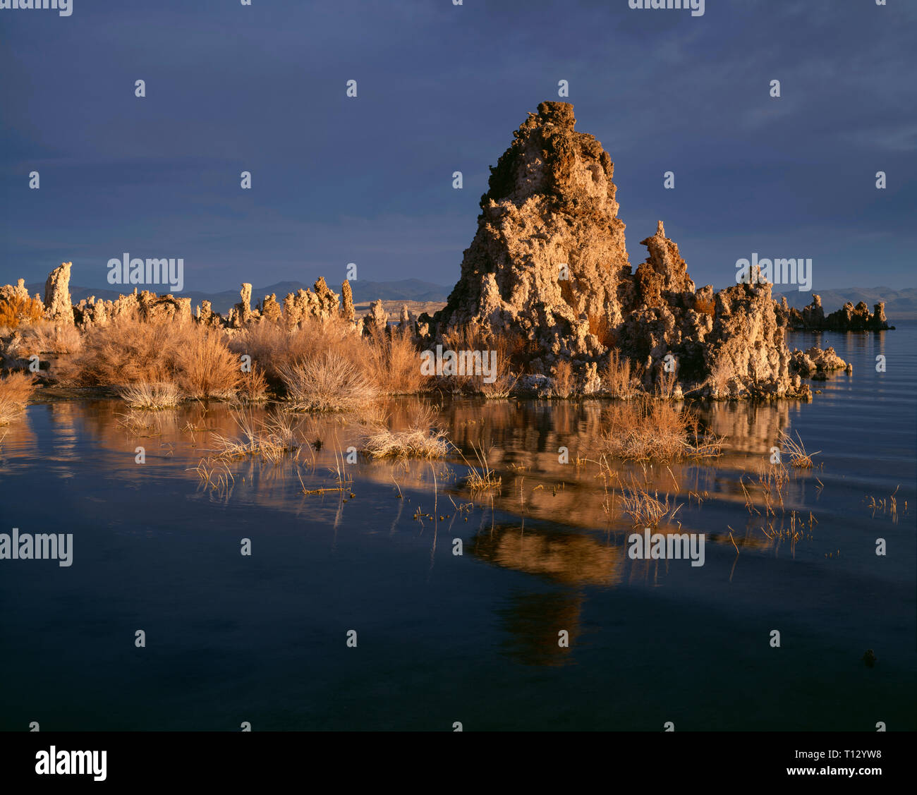 États-unis, Californie, Inyo National Forest, Mono Basin Forest Scenic Area, lever du soleil sur les tours de tuf le long de rive du lac Mono au Sud zone de tuf. Banque D'Images