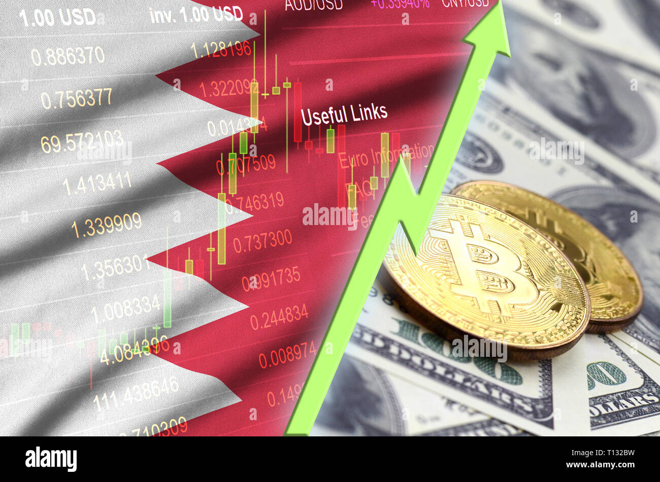 Drapeau de Bahreïn et cryptocurrency tendance de plus en plus avec deux des bitcoins sur dollar bills. Concept de sensibilisation en Bitcoin : contre le dollar Banque D'Images