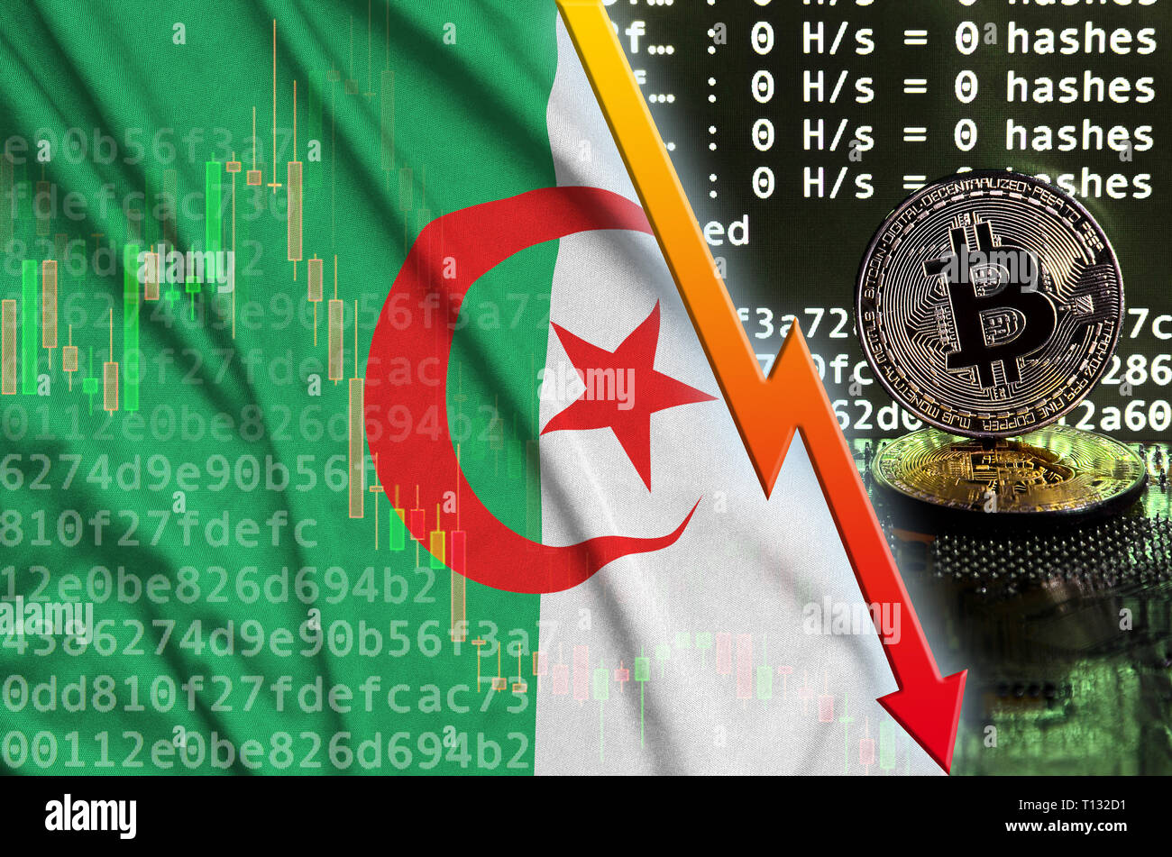 Drapeau bitcoin Algérie, concept de crypto-monnaie drapeau national fond  noir Photo Stock - Alamy