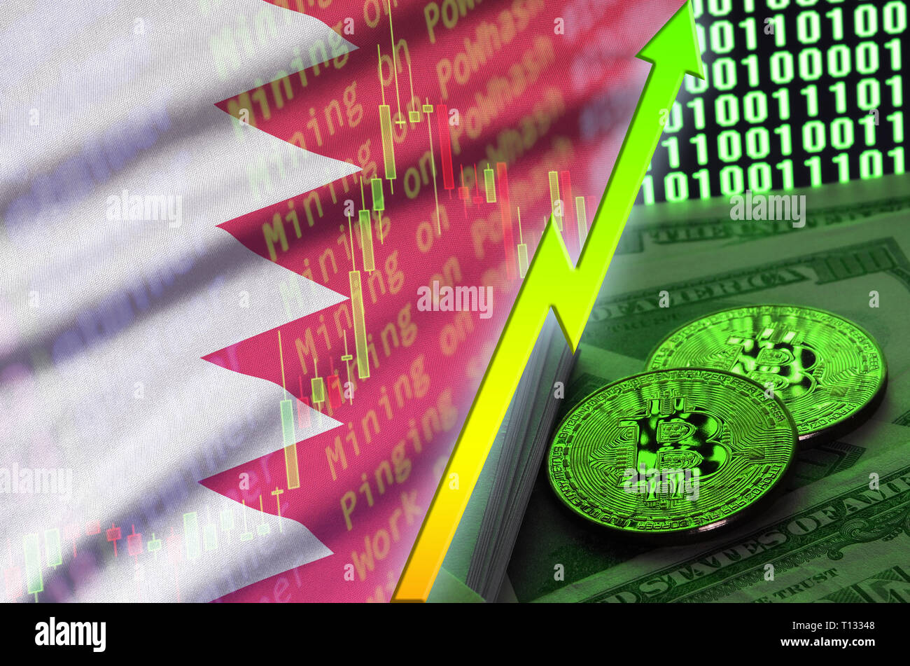 Drapeau de Bahreïn et cryptocurrency tendance de plus en plus avec deux des bitcoins sur dollar bills et affichage du code binaire. La notion de prix et hautes en Bitcoin Banque D'Images