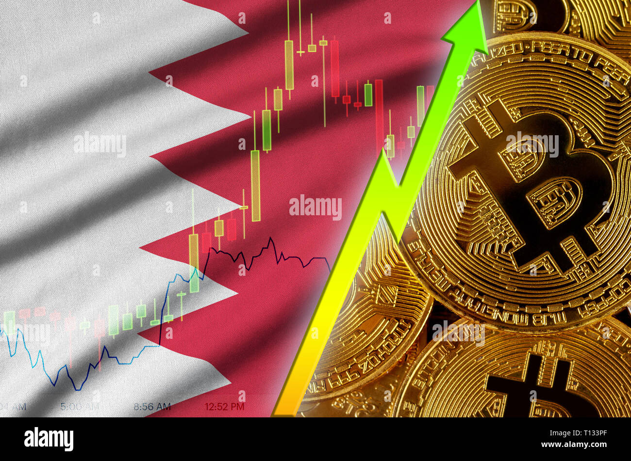 Drapeau de Bahreïn et cryptocurrency tendance croissante avec de nombreux bitcoins d'or. Concept de sensibilisation en Bitcoin ou prix de conversion élevé dans cryptocurrency min Banque D'Images