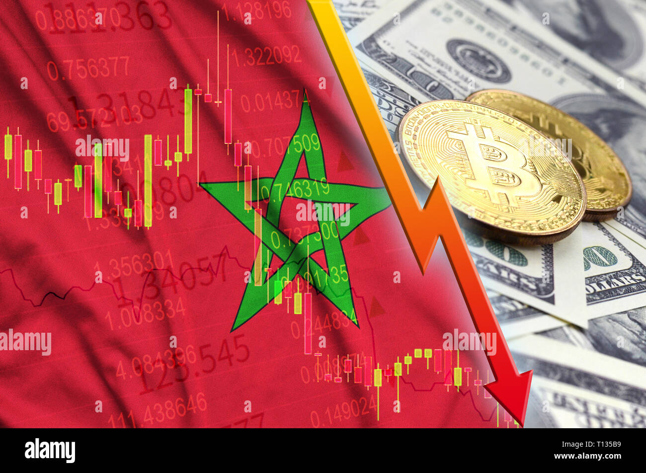 Drapeau bitcoin du Maroc, concept de crypto-monnaie du drapeau national  fond noir Photo Stock - Alamy