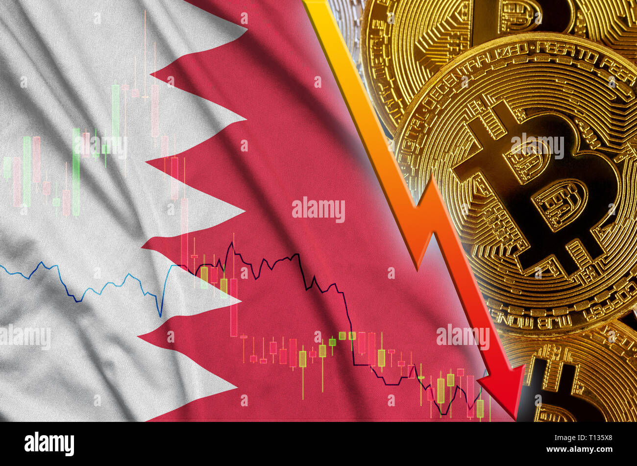 Drapeau de Bahreïn et cryptocurrency baisse avec de nombreux bitcoins d'or. Concept de Bitcoin réduction de prix ou de mauvaise conversion dans cryptocurrency min Banque D'Images
