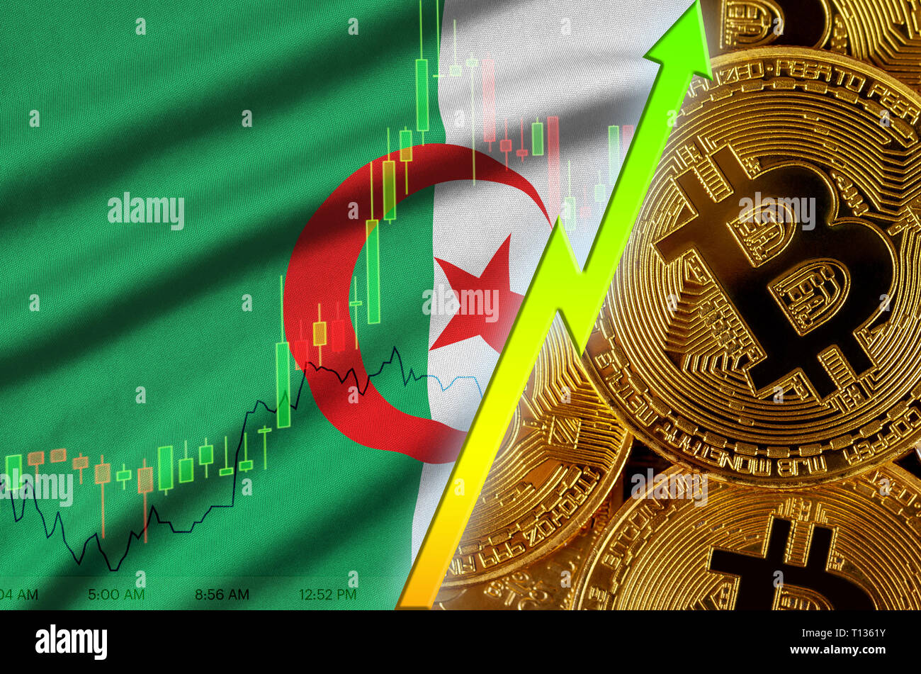 L'Algérie d'un drapeau et d'cryptocurrency tendance croissante avec de  nombreux bitcoins d'or. Concept de sensibilisation en Bitcoin ou prix de  conversion élevé dans cryptocurrency min Photo Stock - Alamy