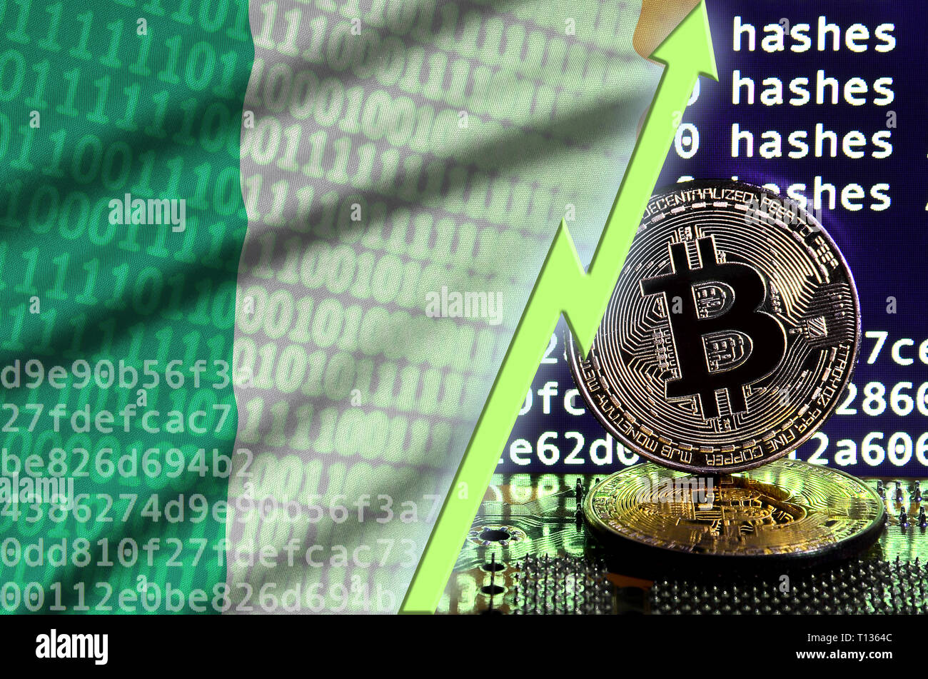 Drapeau de l'Irlande et l'augmentation de flèche verte sur l'écran d'exploitation minière bitcoin et deux d'or physique des bitcoins. Concept de conversion élevé dans l'exploitation minière cryptocurrency Banque D'Images