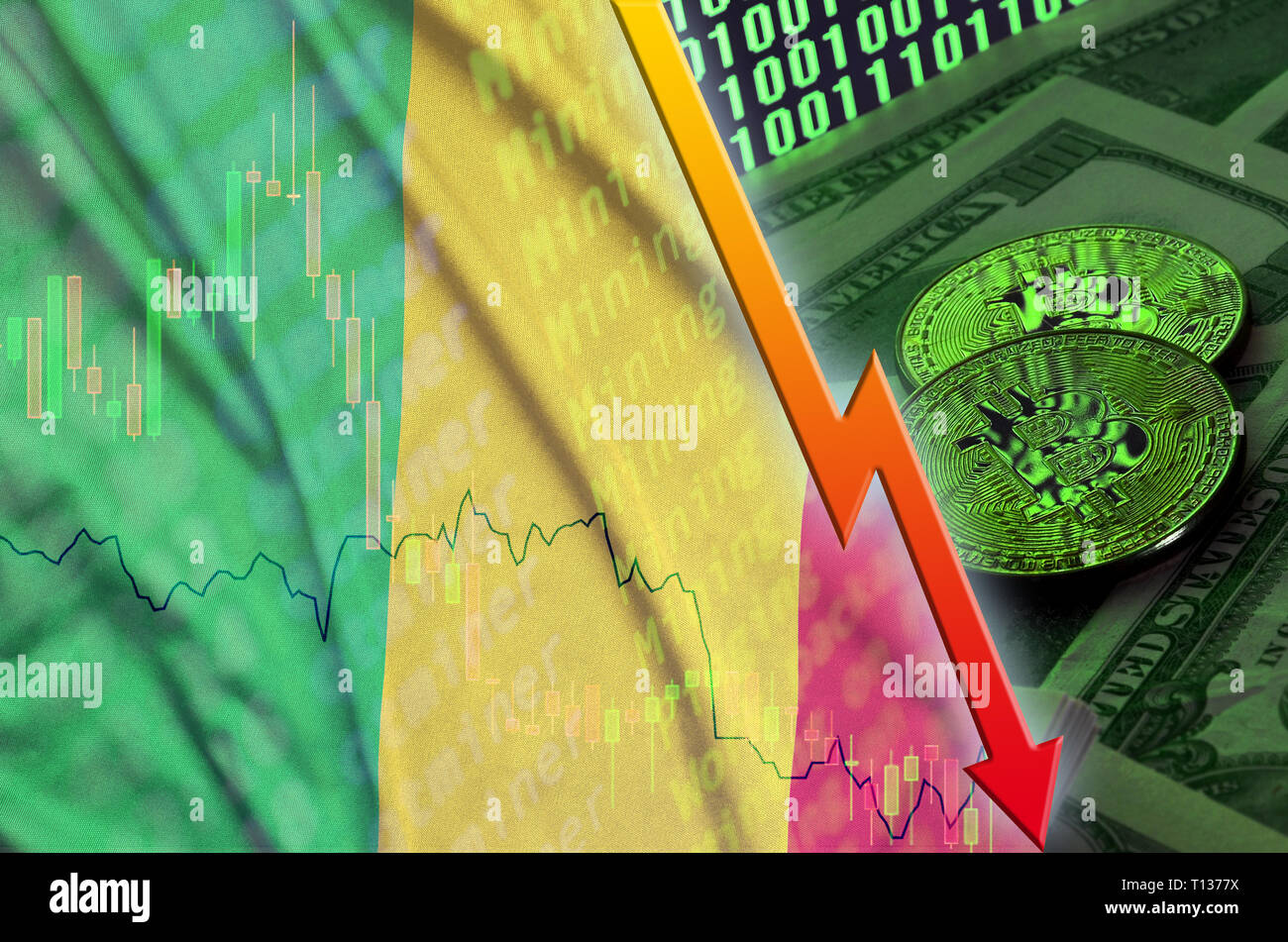 Mali drapeau et cryptocurrency baisse avec deux des bitcoins sur dollar  bills et affichage du code binaire. Concept de Bitcoin réduction de prix et  mauvaise co Photo Stock - Alamy