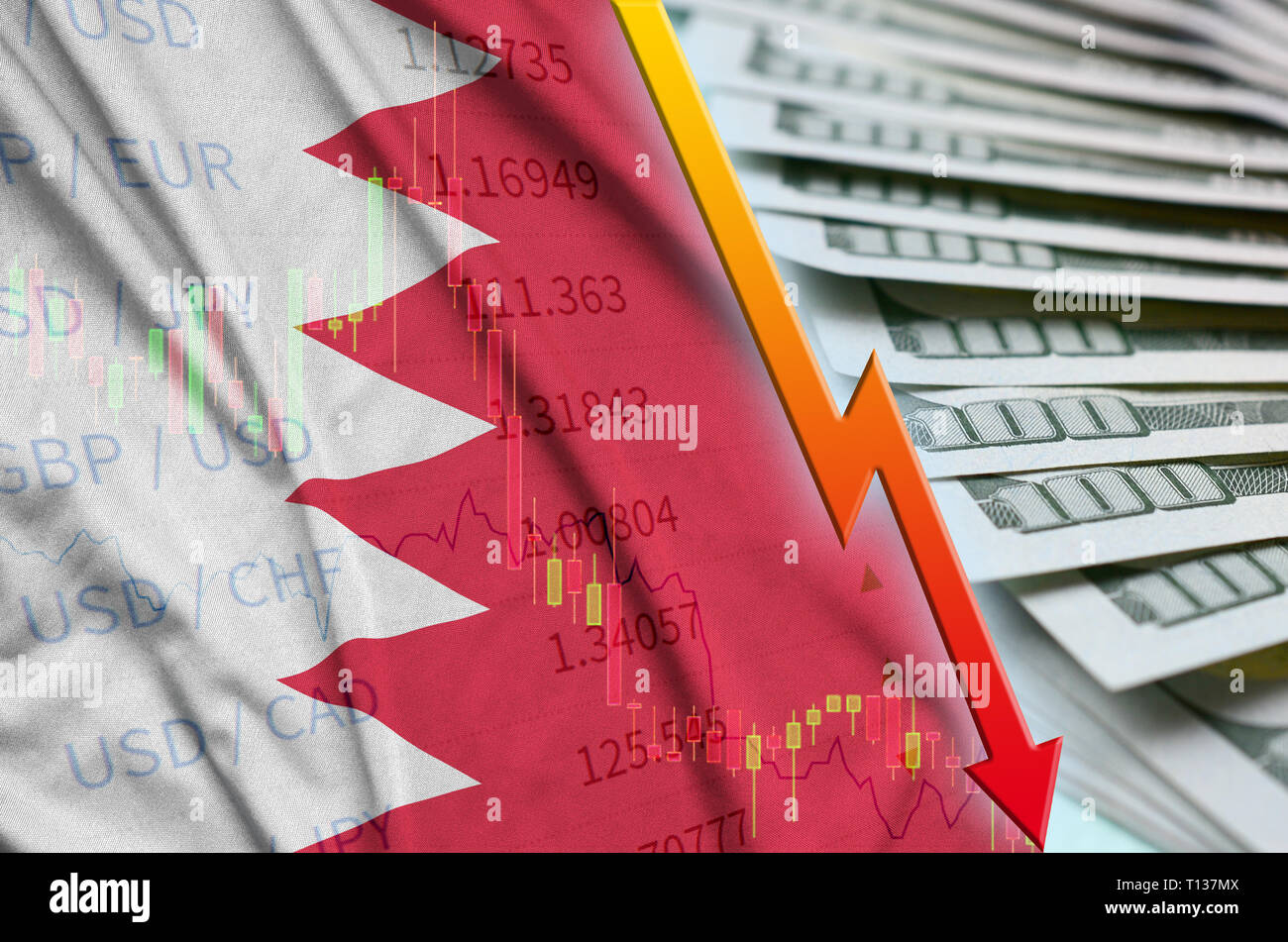 Drapeau de Bahreïn et le graphique fléchissement du dollar position avec un ventilateur des billets d'un dollar. Concept de valeur d'amortissement du US dollar currency Banque D'Images