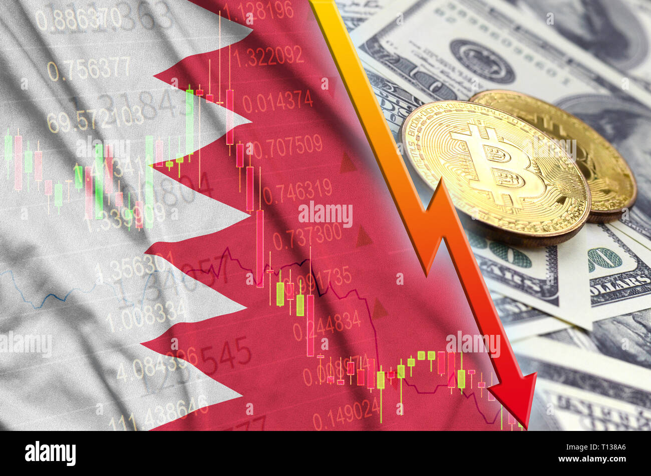 Drapeau de Bahreïn et cryptocurrency baisse avec deux des bitcoins sur dollar bills. Concept de l'amortissement en Bitcoin : contre le dollar Banque D'Images