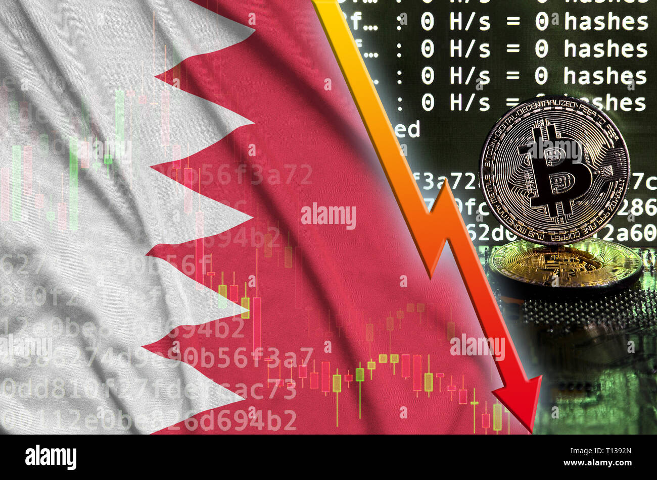 Drapeau de Bahreïn et la baisse de flèche rouge sur l'écran d'exploitation minière bitcoin et deux d'or physique des bitcoins. Concept de conversion faible dans cryptocurrency mining Banque D'Images