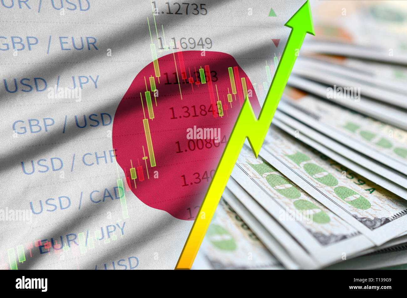 Drapeau du Japon et de plus en plus graphique dollar US position avec un ventilateur des billets d'un dollar. Concept de valeur croissante de devises dollar US Banque D'Images