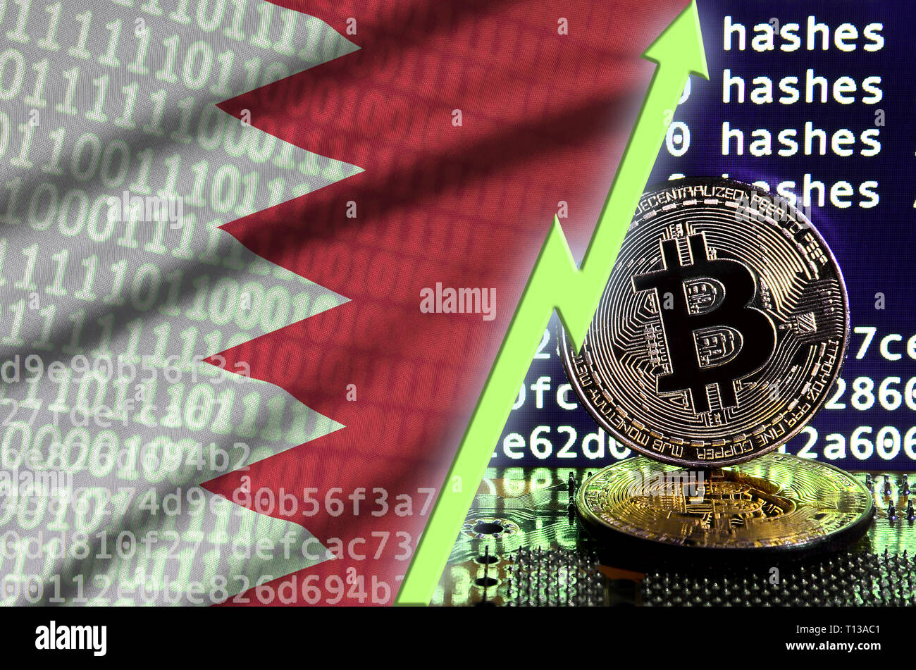 Drapeau de Bahreïn et l'augmentation de flèche verte sur l'écran d'exploitation minière bitcoin et deux d'or physique des bitcoins. Concept de conversion élevé dans l'exploitation minière cryptocurrency Banque D'Images