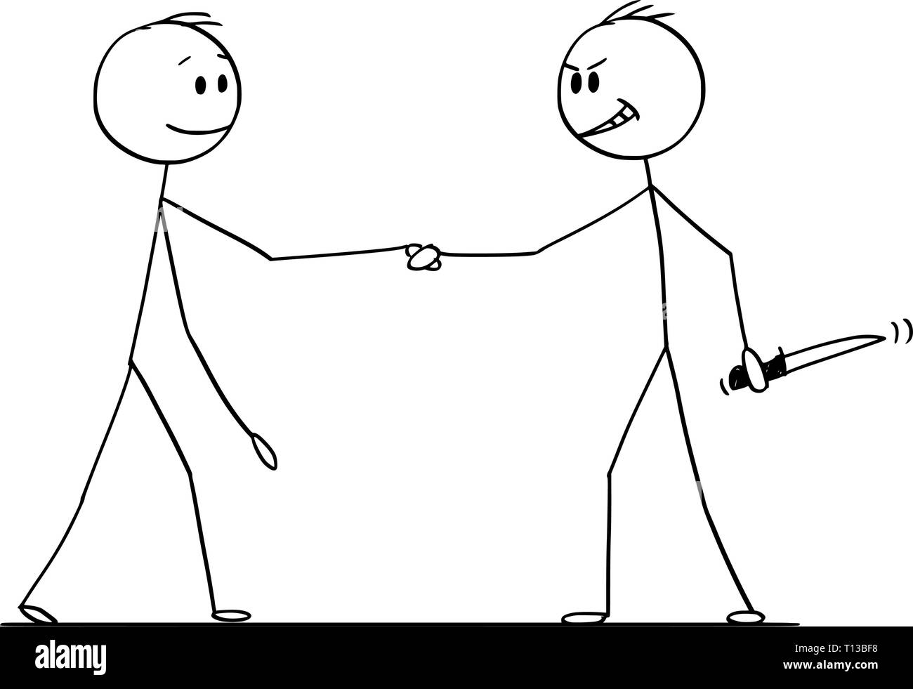 Cartoon stick figure dessin illustration conceptuelle de deux hommes d'affaires ou des politiciens de l'établissement de liaison, l'un d'entre eux à l'aide d'un couteau caché dans la main. Illustration de Vecteur