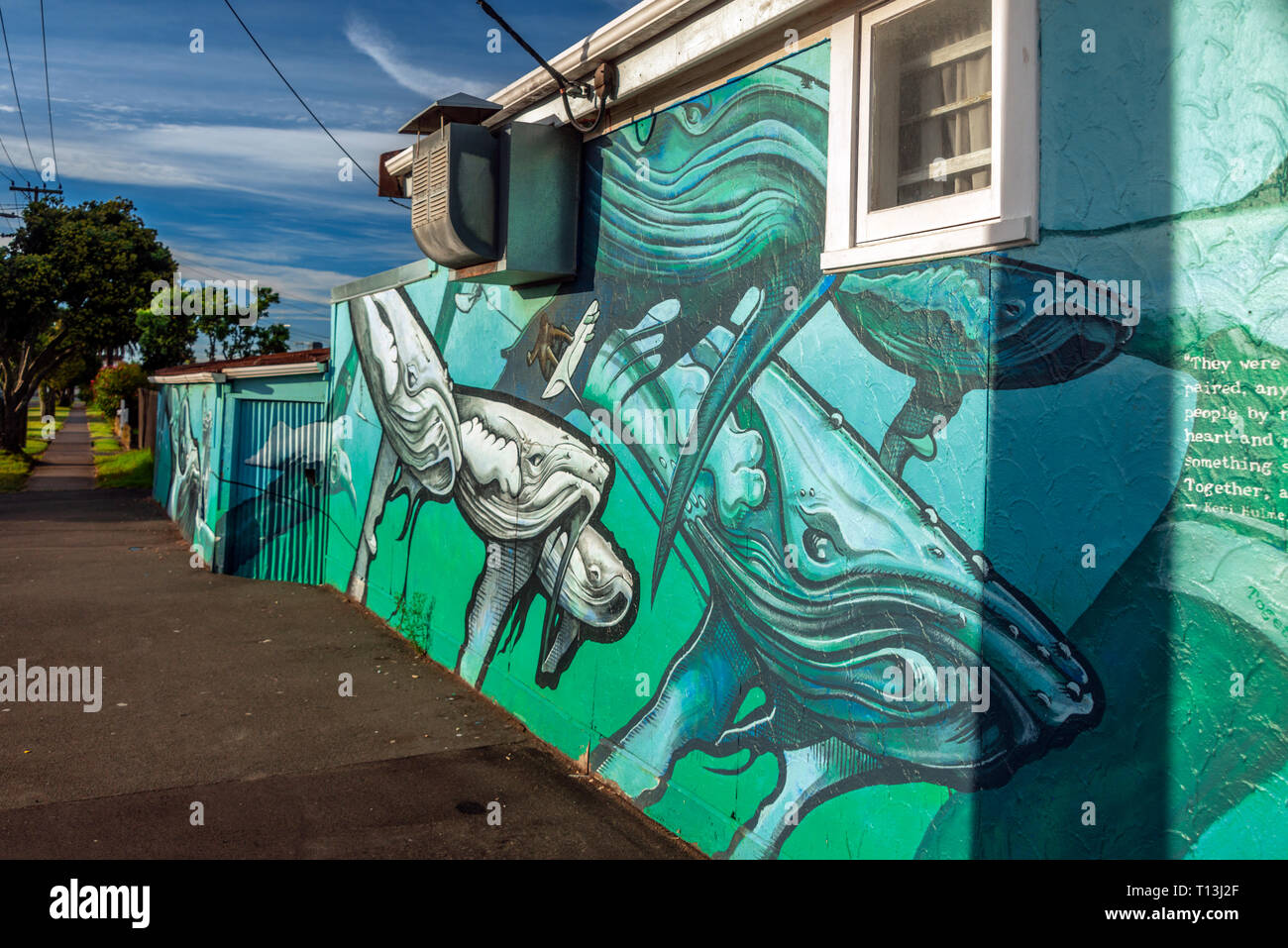 Street art urbain nautique de baleines, couvre un mur d'un magasin à Rangirora Castlecliff, St, dans l'Île du Nord Ville de Wanganui, Nouvelle-Zélande. Banque D'Images