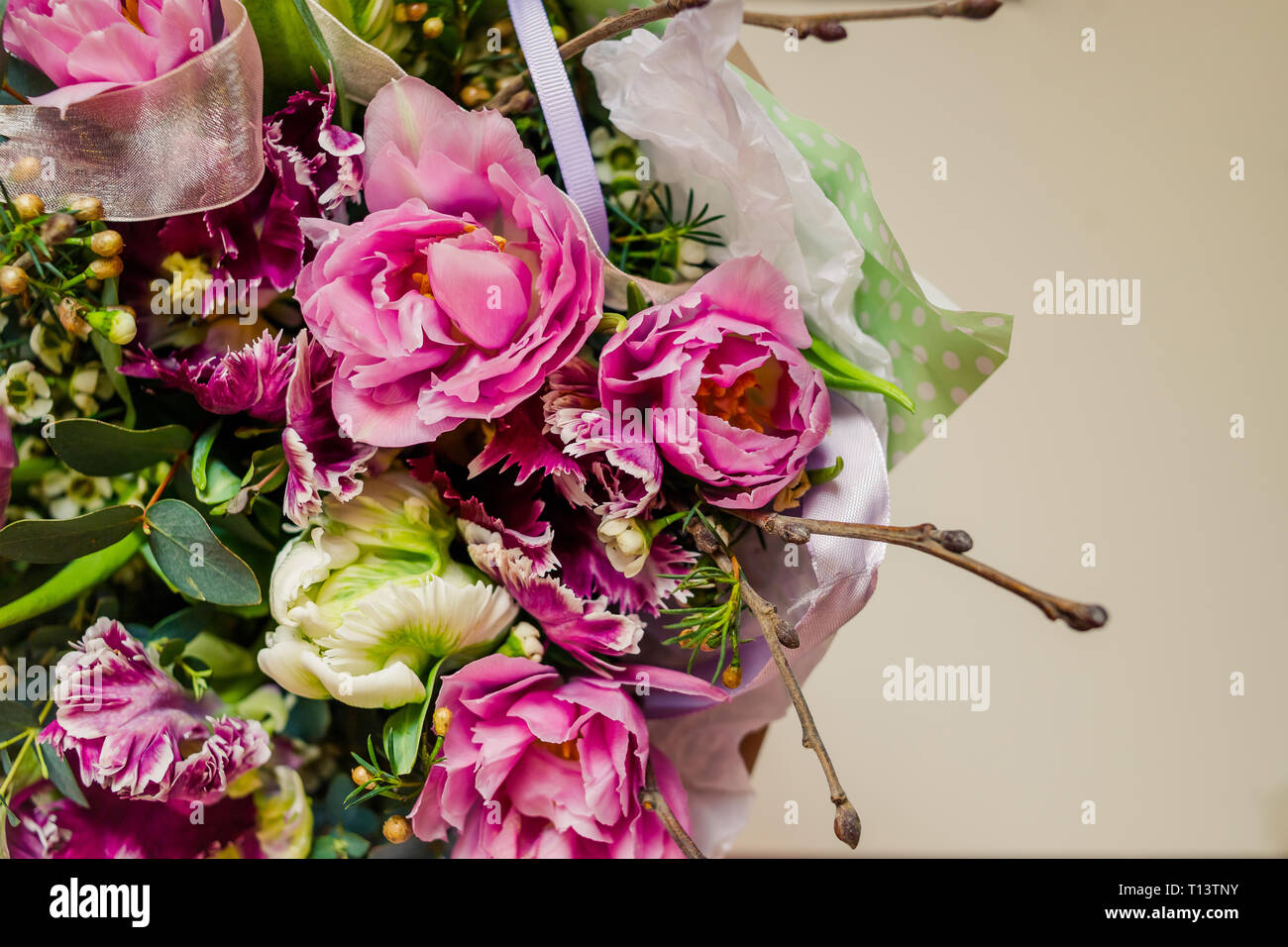 Double pourpre magnifique pivoine fleur tulipe tardive ,tulip, genre tulipa espèces hybrides.cartes florales élégantes. Merci, maman. Bouquet de mariage Banque D'Images