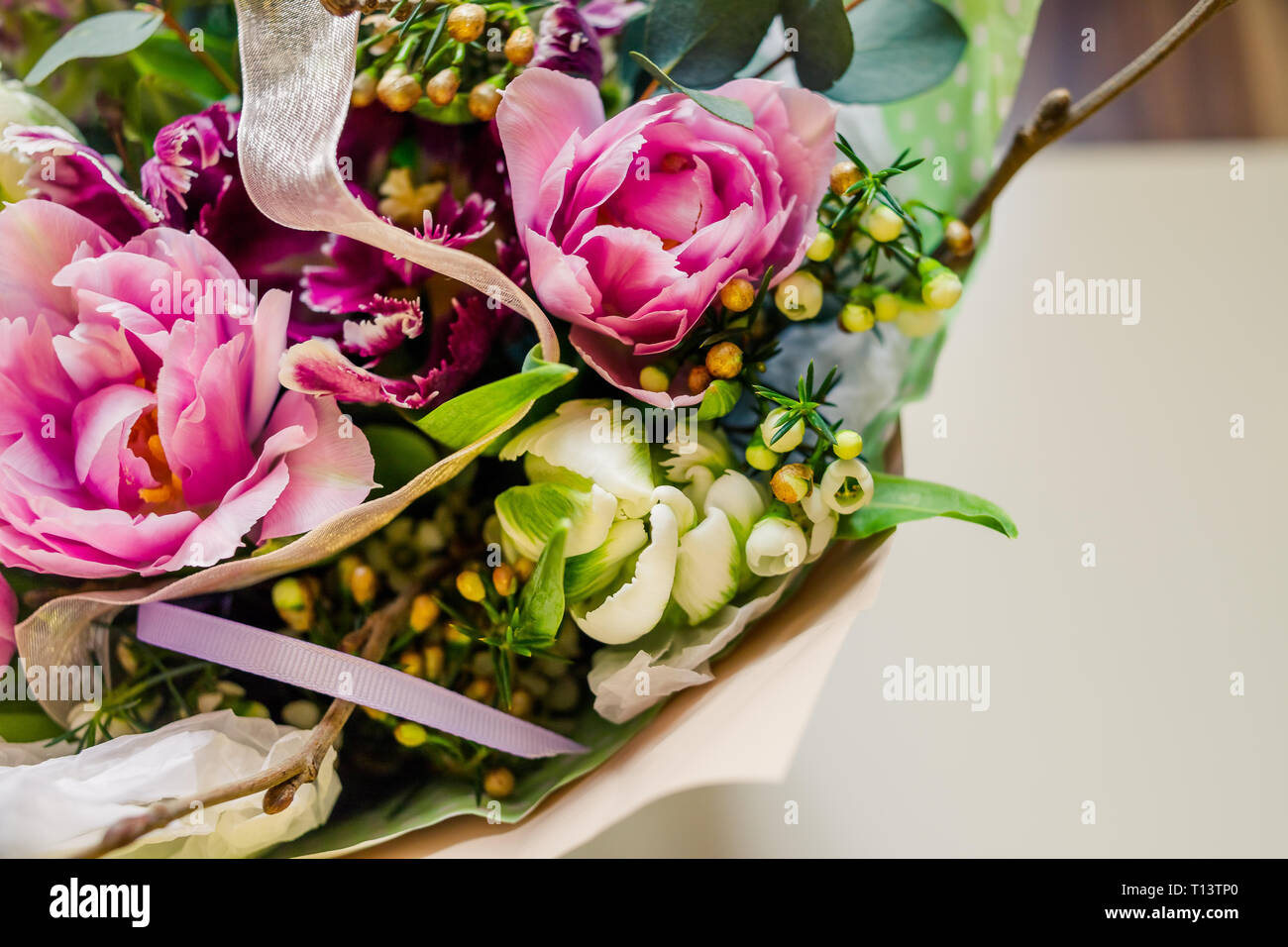 Double pourpre magnifique pivoine fleur tulipe tardive ,tulip, genre tulipa espèces hybrides.cartes florales élégantes. Merci, maman. Bouquet de mariage Banque D'Images