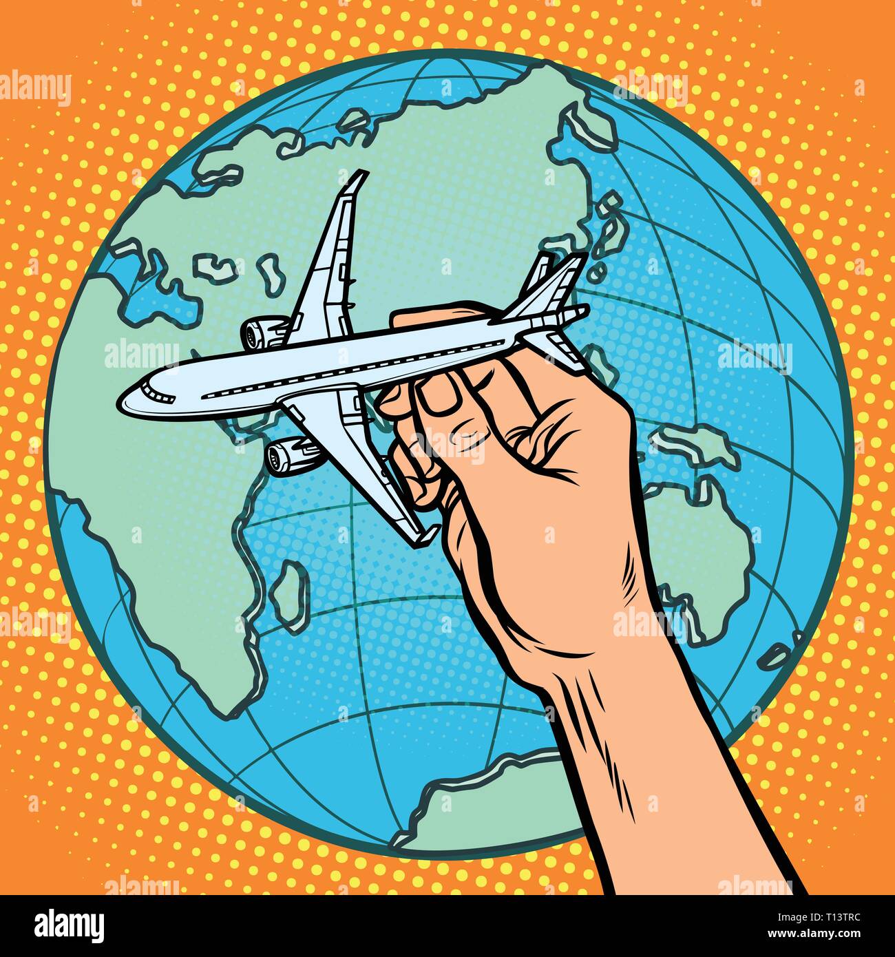 Avion en main. métaphore du vol à destination de l'hémisphère oriental Illustration de Vecteur