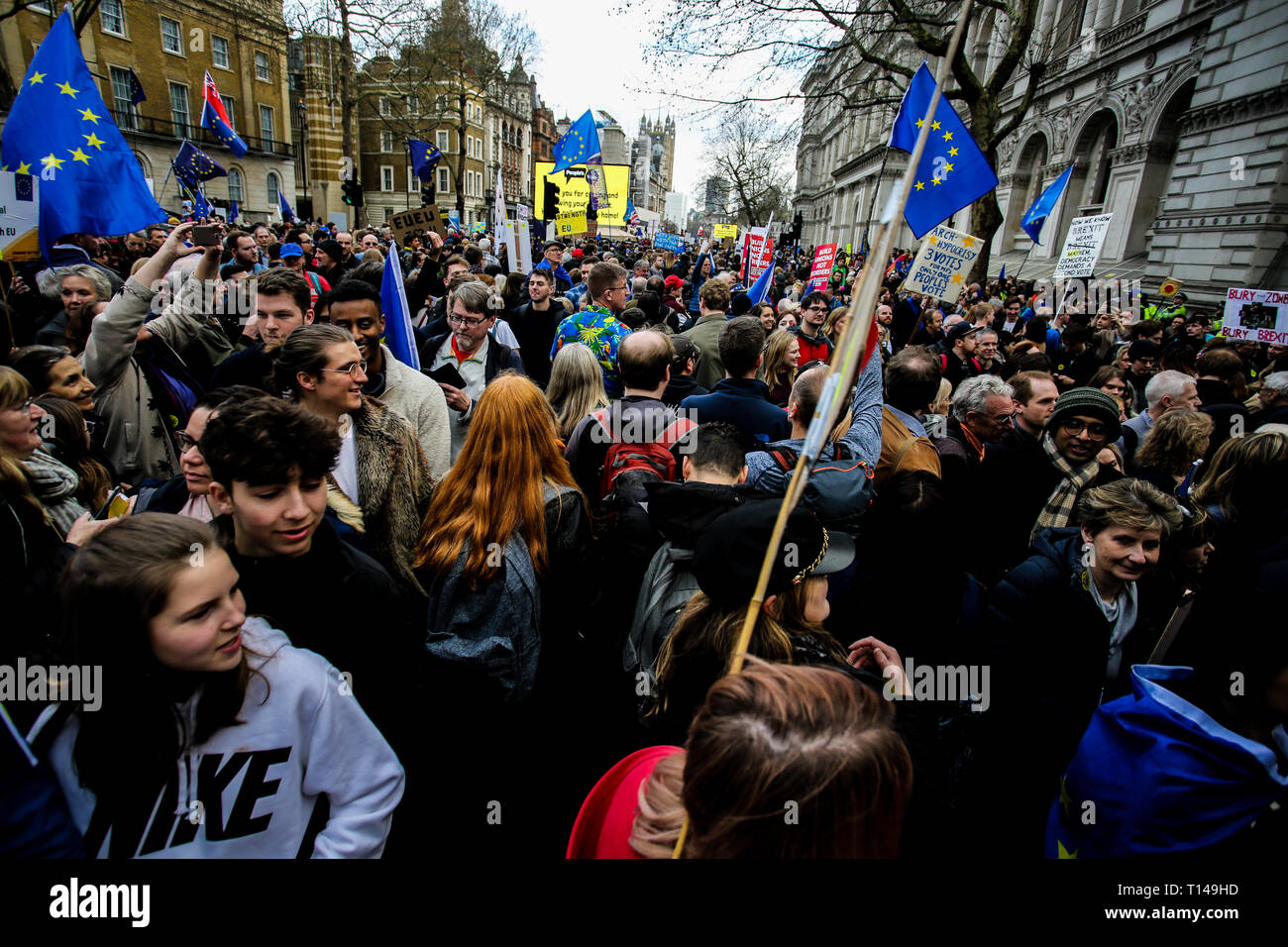 Une grande couronne à l'extérieur de Downing Street, le vote du peuple de mars, Londres, mars 2019 Banque D'Images