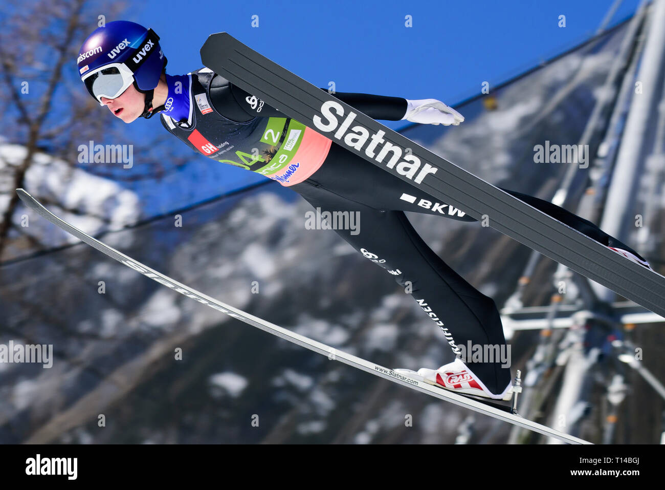 Sandro Hauswirth de Suisse en action au cours de la compétition par équipe FIS Planica finales de la Coupe du monde de saut à ski le 23 mars 2019 à Planica, en Slovénie. (Photo de Rok Rakun / Pacific Press) Banque D'Images