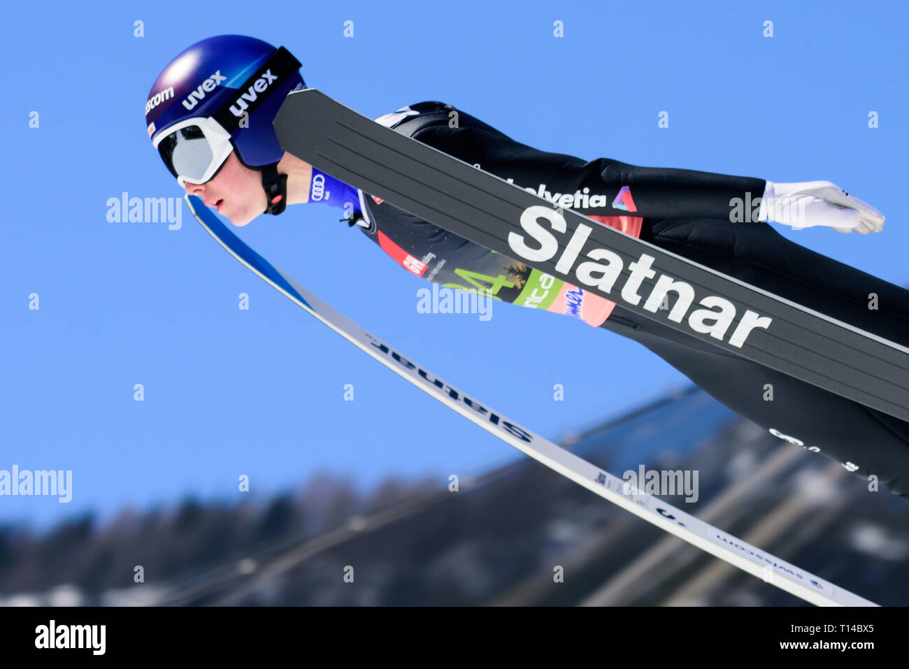 Planica, en Slovénie. Mar 23, 2019. Sandro Hauswirth de Suisse en action au cours de la compétition par équipe FIS Planica finales de la Coupe du monde de saut à ski le 23 mars 2019 à Planica, en Slovénie. Credit : Rok Rakun/Pacific Press/Alamy Live News Banque D'Images