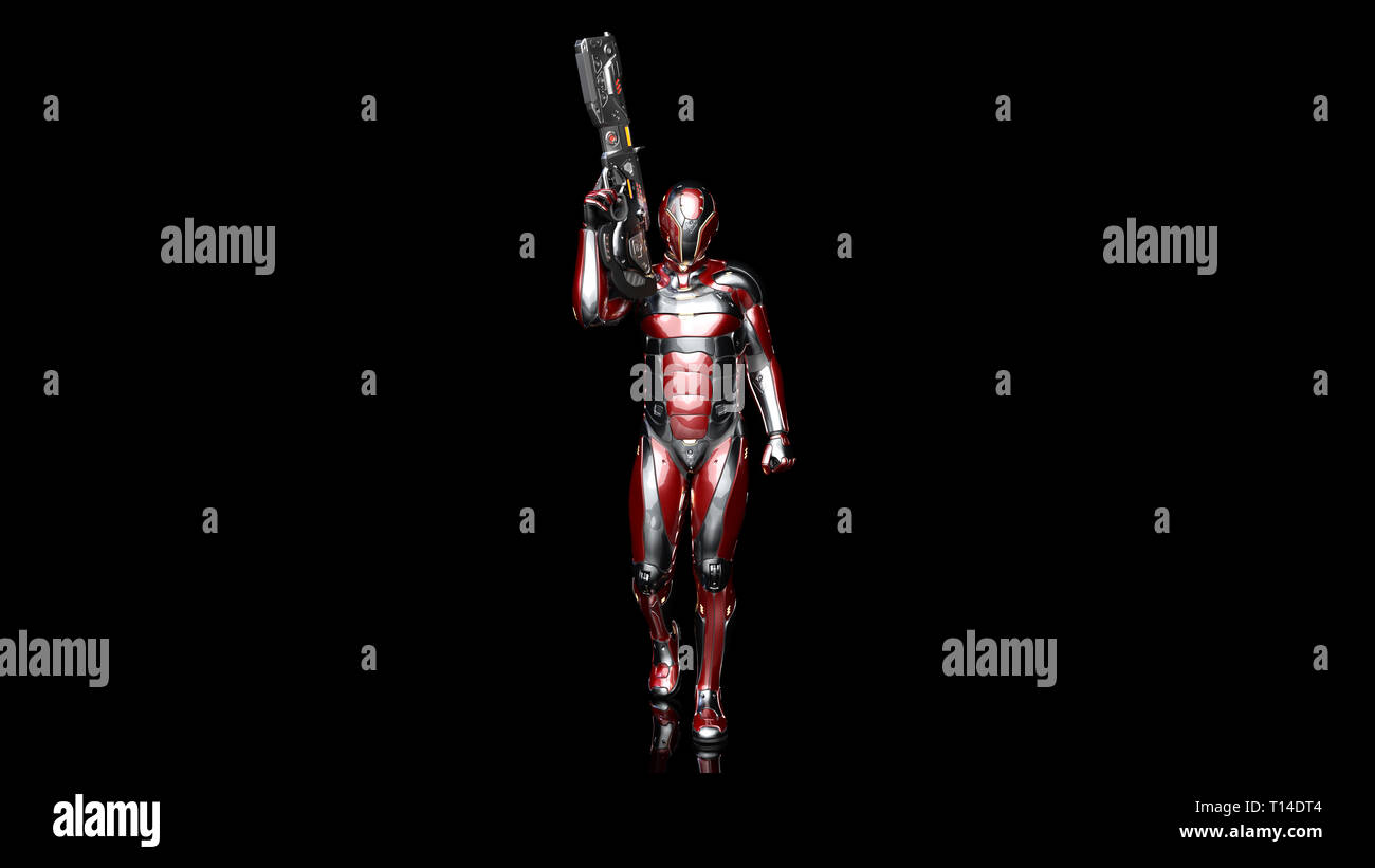 Android futuriste soldat en armure pare-balles, cyborg militaire armés de fusil carabine sci-fi marche sur fond noir, 3D Rendering Banque D'Images