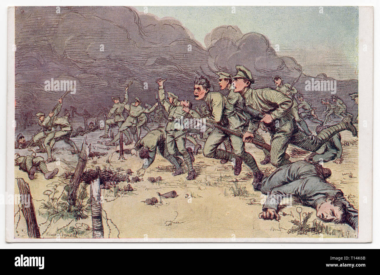 Des soldats tchécoslovaques sur l'attaque décrite dans l'aquarelle par l'artiste tchèque František Duchač-Vyskočil (1917) imprimé sur la carte postale de la tchécoslovaque vintage collection "Images de la vie et des combats de la Légion tchécoslovaque en Russie' ('Pohledy ze zivota une bojů československých legií v Rusku') délivré en Tchécoslovaquie dans les années 1920. L'attaque de l'armée tchécoslovaque sur le front de l'Est de la Première Guerre mondiale est représentée. Avec la permission de l'Azoor Collection Carte Postale. Banque D'Images